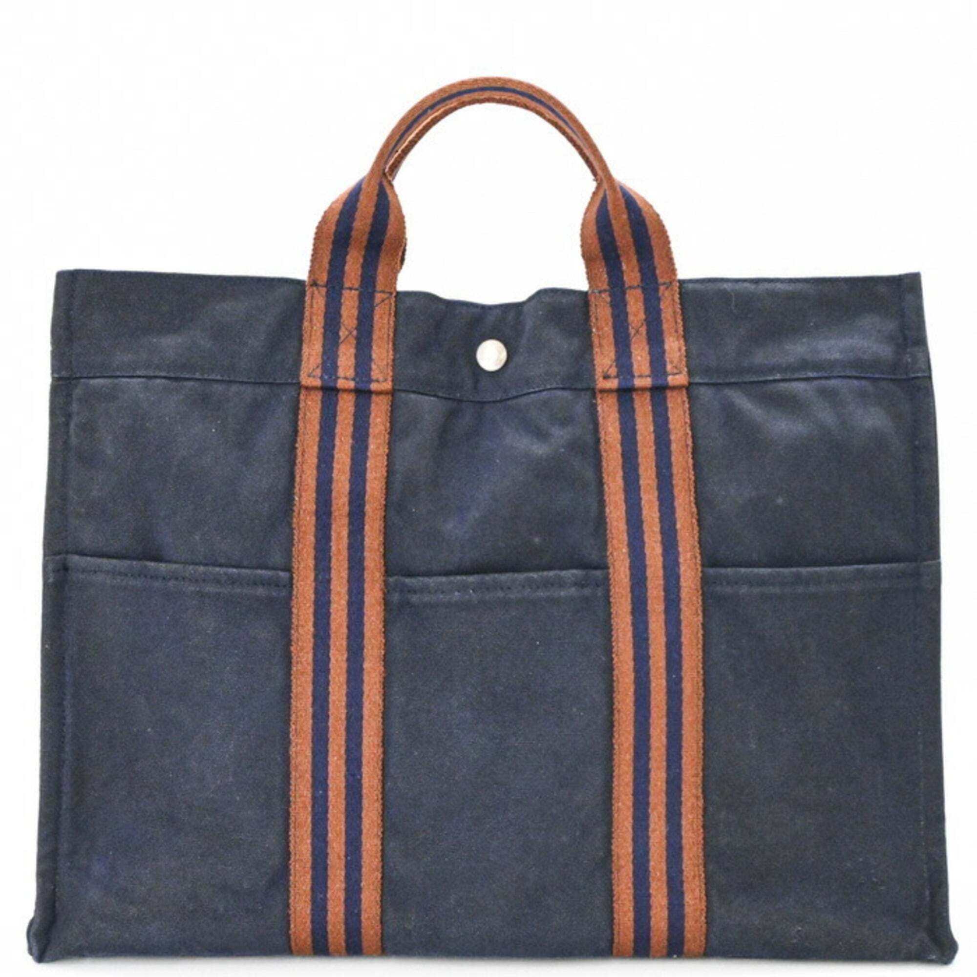 Hermes New Fourre-Tout Tote Bag Mm Handbag Half Leather Navy Brown Canvas Wom...